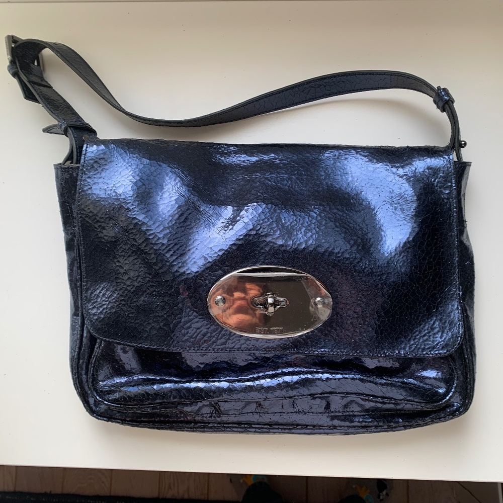 Mulberry Bayswater Clutch Cracked Metal Navy Blue Shoulder Bag